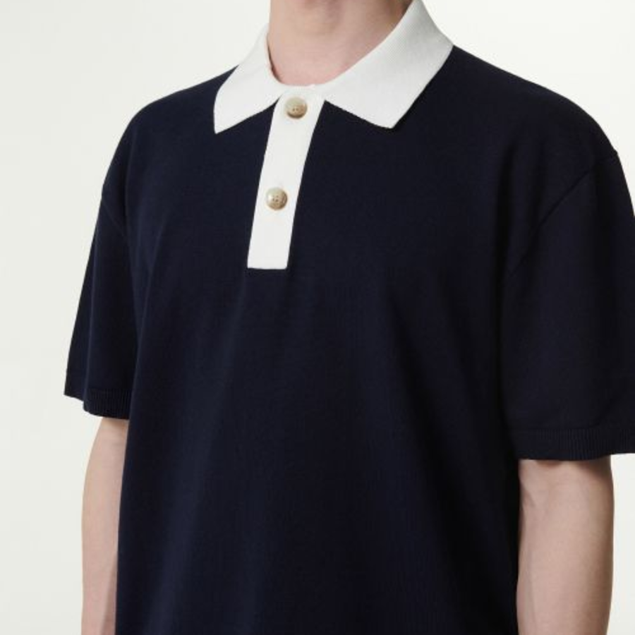 Contrast Collar Knitted Polo Shirt [Navy]