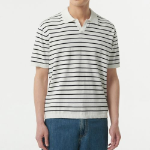 Stripe Slit Neck Knitted Polo Shirt [White/Black]