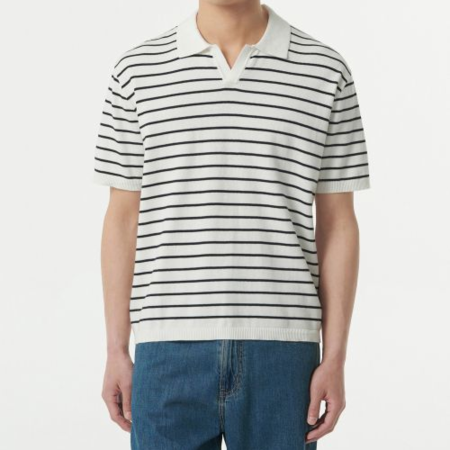 Stripe Slit Neck Knitted Polo Shirt [White/Black]