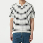 Stripe Slit Neck Knitted Polo Shirt [White/Black]