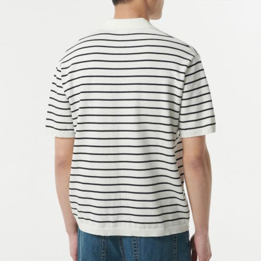 Stripe Slit Neck Knitted Polo Shirt [White/Black]