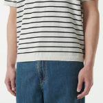 Stripe Slit Neck Knitted Polo Shirt [White/Black]