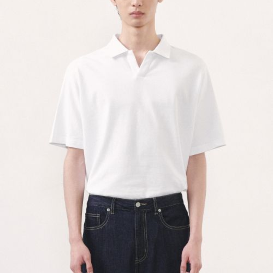 Slit Neck Piqué Polo Shirt [White]
