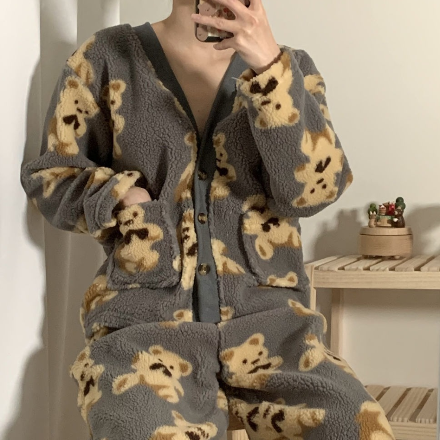 Yubu V-Neck Pocket Fleece Pajama Set