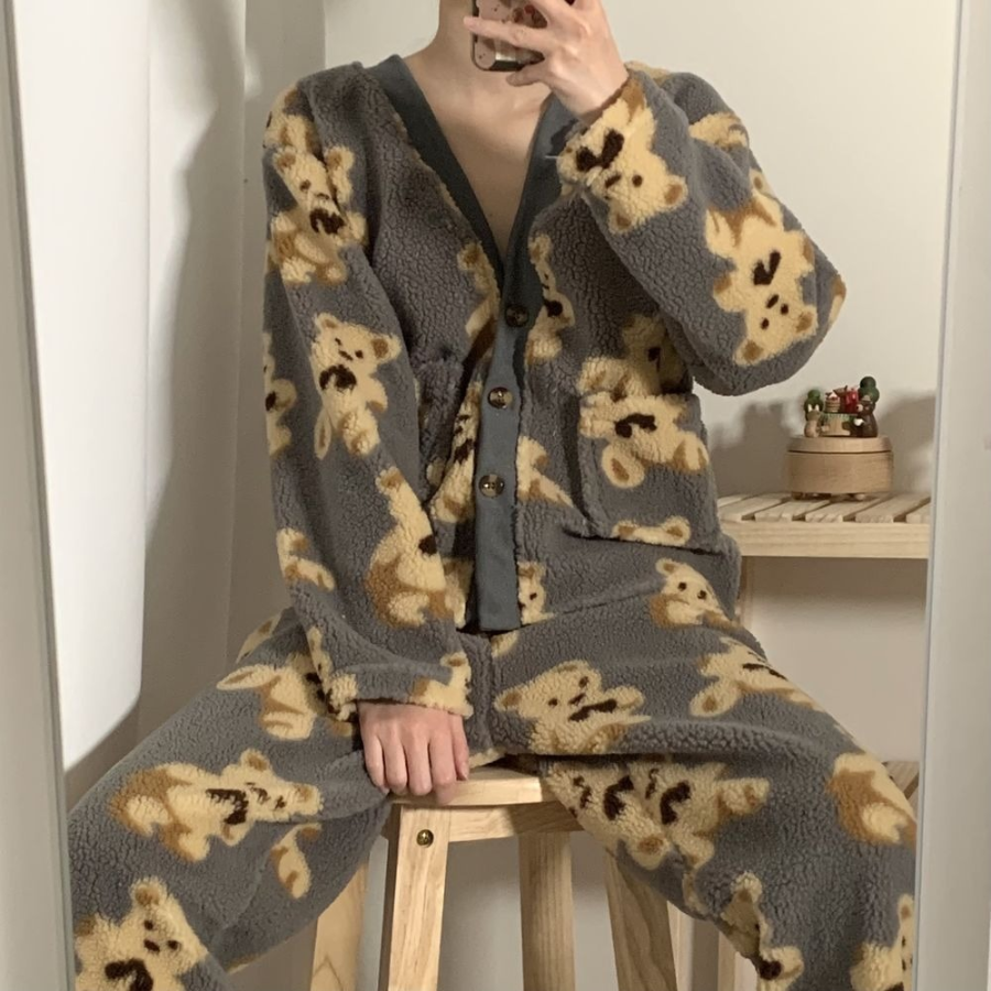 Yubu V-Neck Pocket Fleece Pajama Set