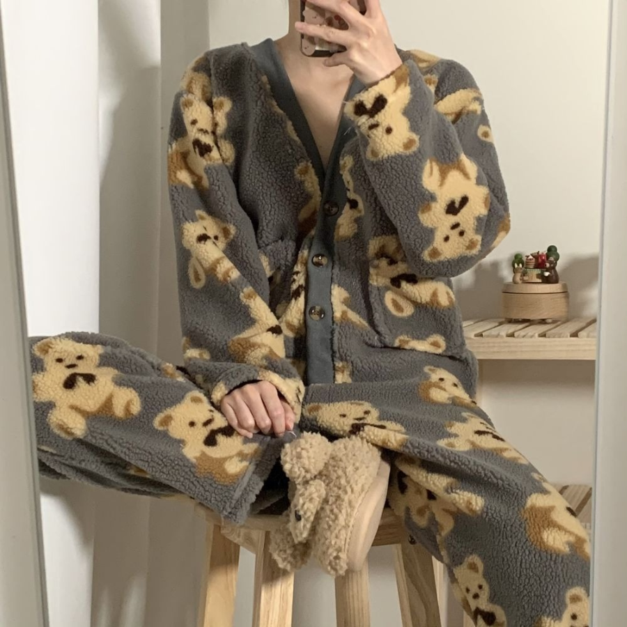 Yubu V-Neck Pocket Fleece Pajama Set