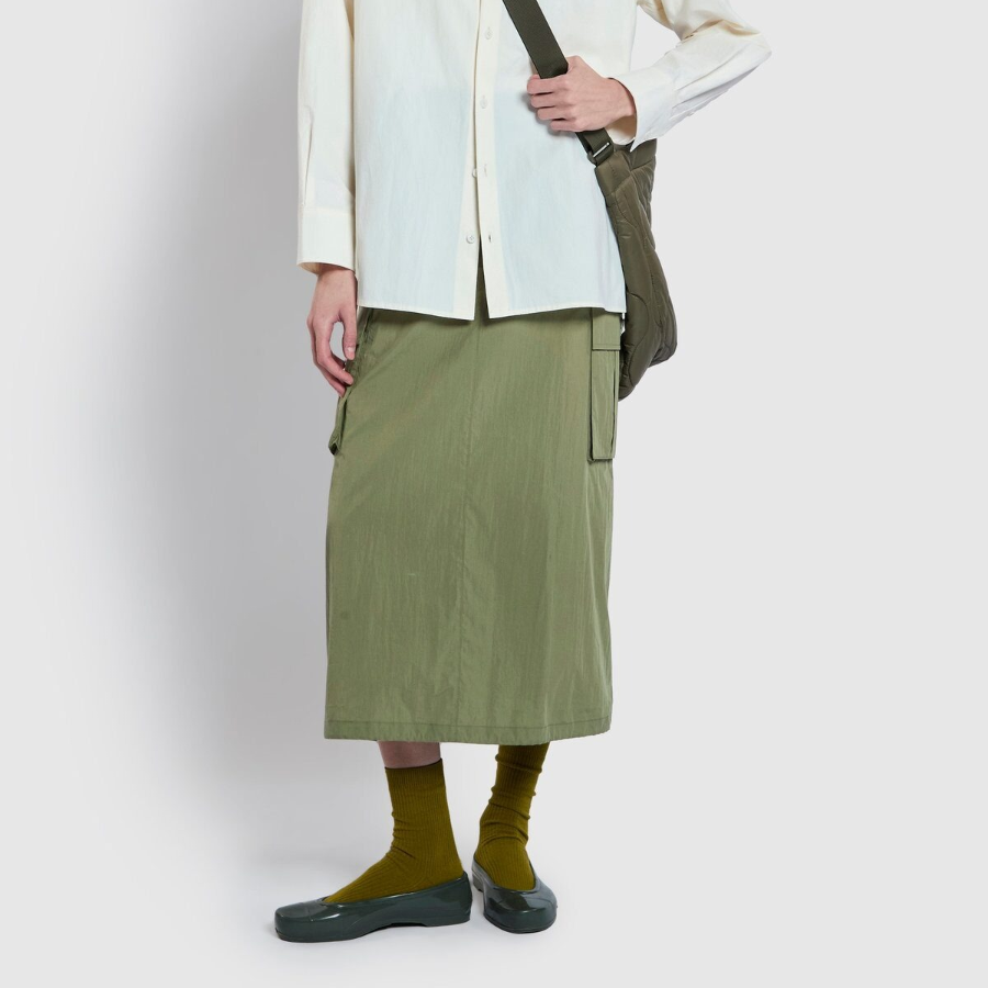 JAJU Seersucker Midi Skirt (Khaki) — лёгкость природы в городском ритме