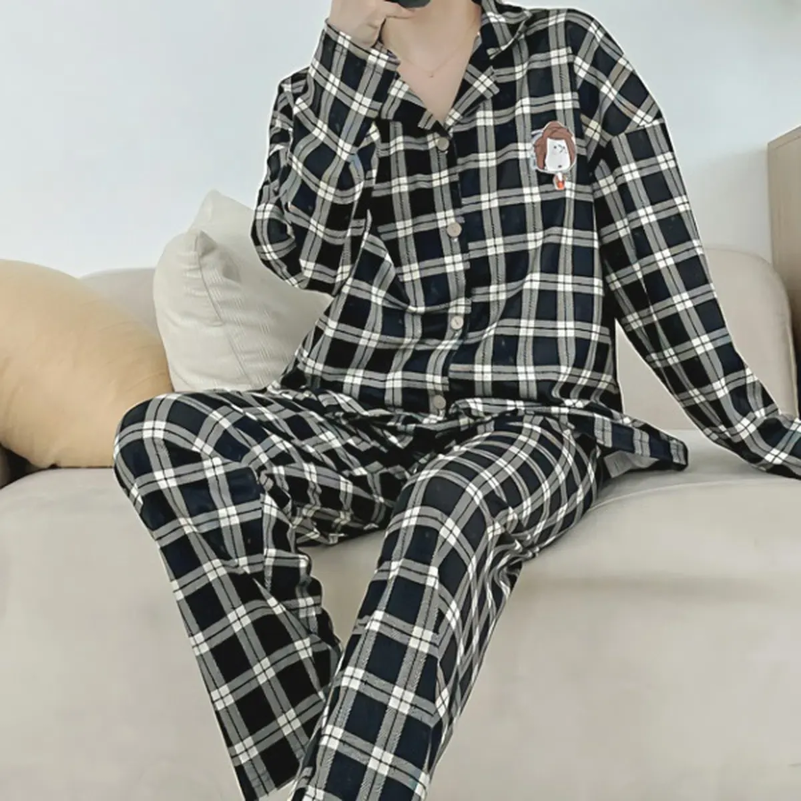 Chic Gingham Girl Shirt Collar 2-Piece Pajama Set