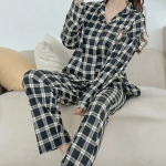 Chic Gingham Girl Shirt Collar 2-Piece Pajama Set