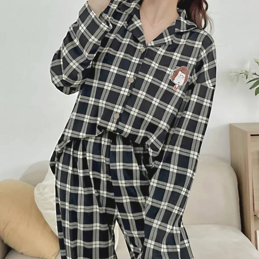 Chic Gingham Girl Shirt Collar 2-Piece Pajama Set