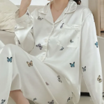 White Butterfly Silk Shirt 2-Piece Pajama Set