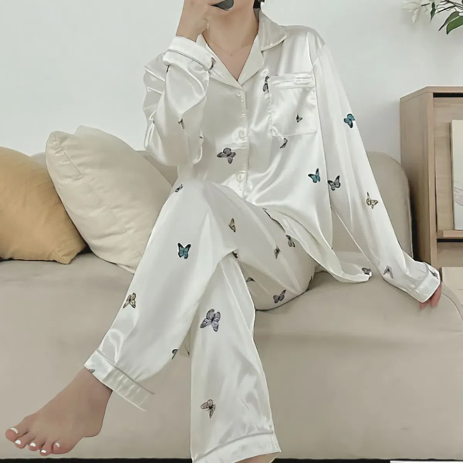 White Butterfly Silk Shirt 2-Piece Pajama Set