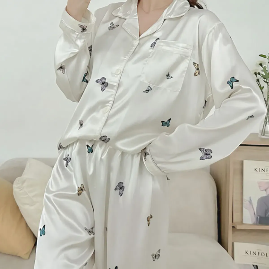 White Butterfly Silk Shirt 2-Piece Pajama Set