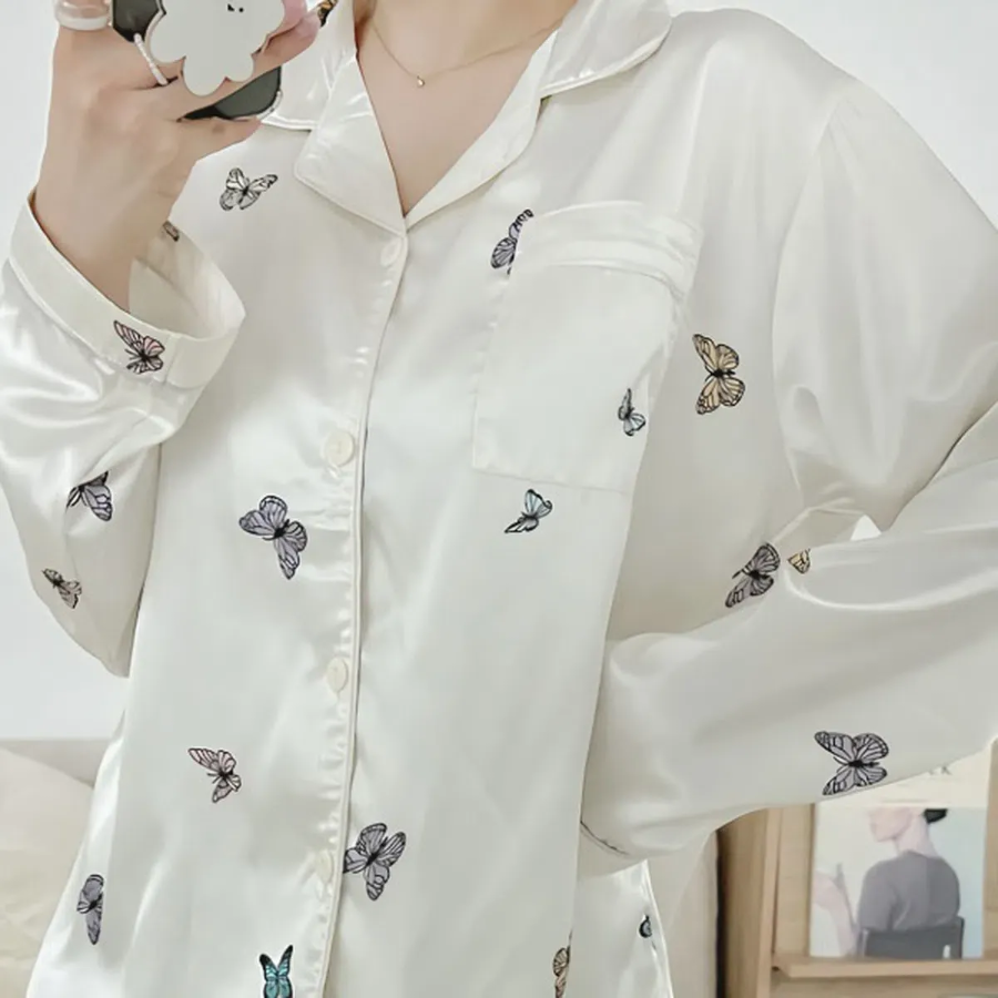 White Butterfly Silk Shirt 2-Piece Pajama Set