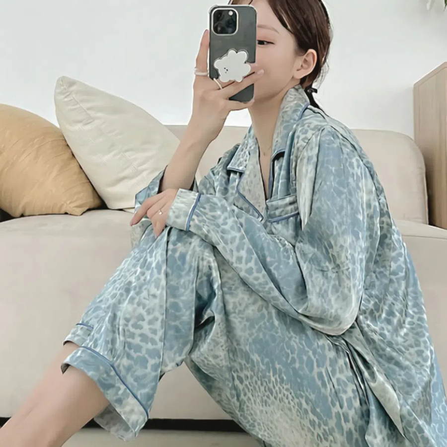 Blue Leopard Silk Shirt 2-Piece Pajama Set