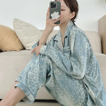 Blue Leopard Silk Shirt 2-Piece Pajama Set
