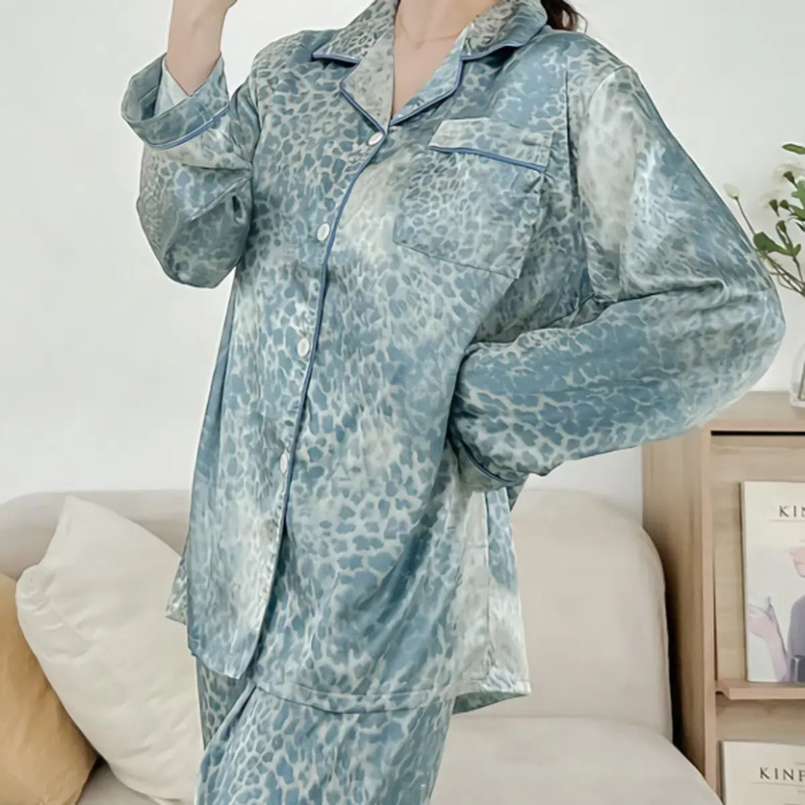 Blue Leopard Silk Shirt 2-Piece Pajama Set