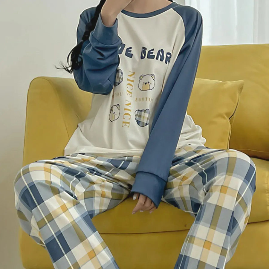 Blue Bear Raglan Check Pants 2-Piece Pajama Set