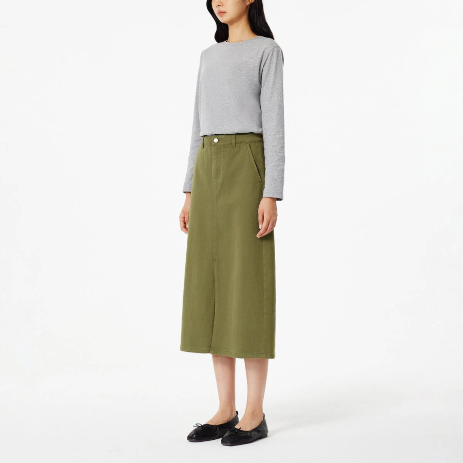 JAJU H-Line Slit Skirt (Olive) — сдержанная элегантность с комфортной посадкой