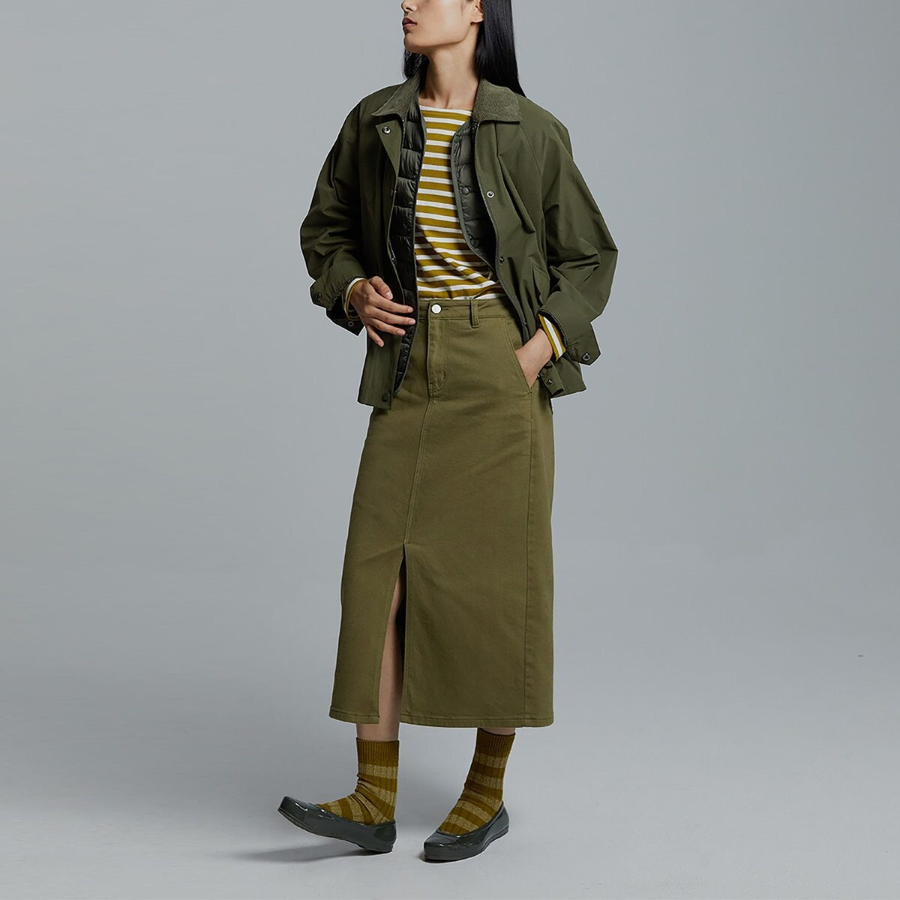 JAJU H-Line Slit Skirt (Olive) — сдержанная элегантность с комфортной посадкой