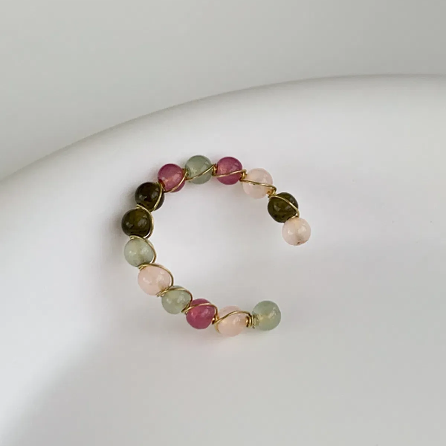 Кольцо с миксом турмалиновых камней и бусин с позолотой 18К