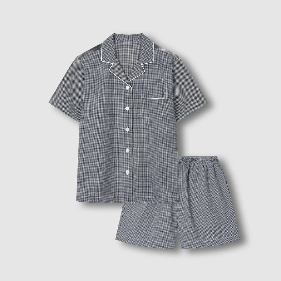 JAJU Seersucker Check 3/4 Pajama Set (Light Navy) — лёгкость и уют в каждой детали
