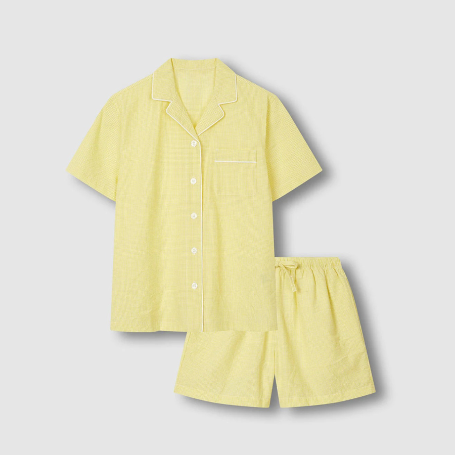 JAJU Seersucker Check 3/4 Pajama Set (Light Yellow) — воздушный комфорт и стильная классика для тёплых дней