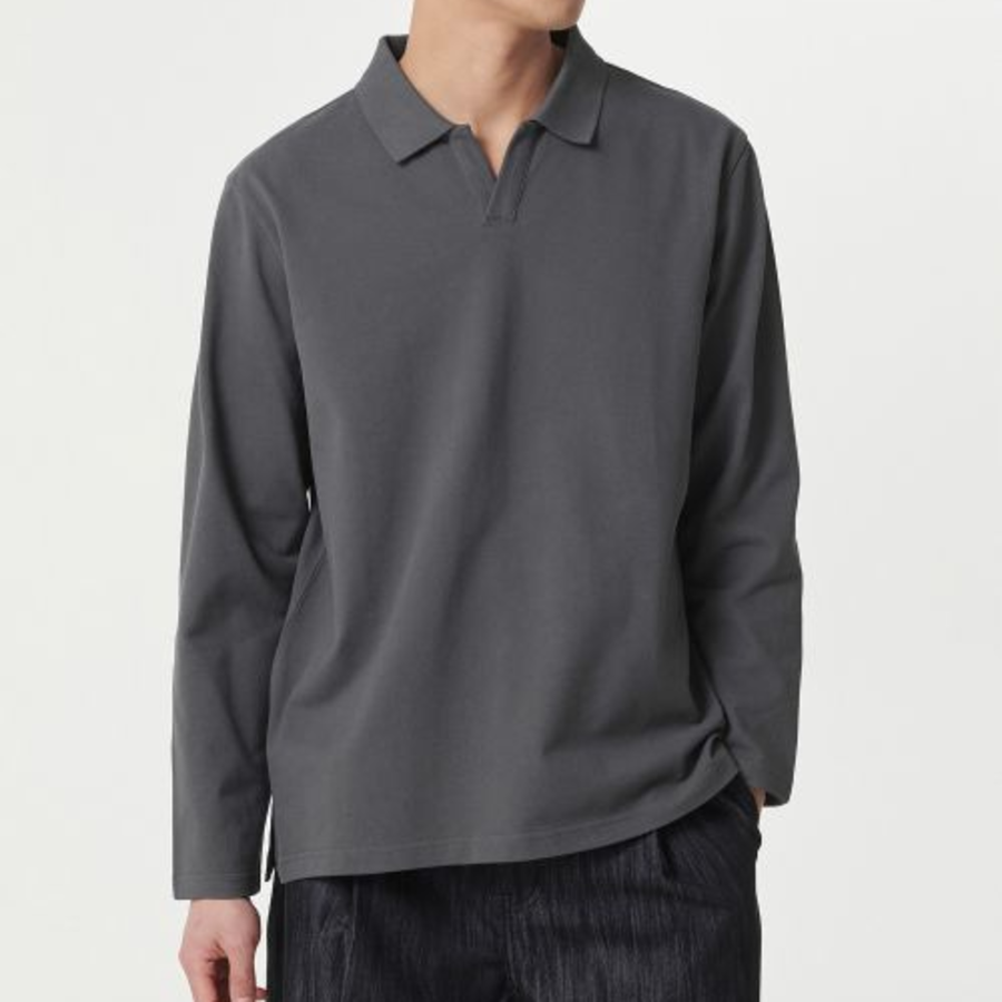Slit Neck Long Sleeve Piqué Polo Shirt [Gunmetal]