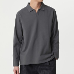 Slit Neck Long Sleeve Piqué Polo Shirt [Gunmetal]