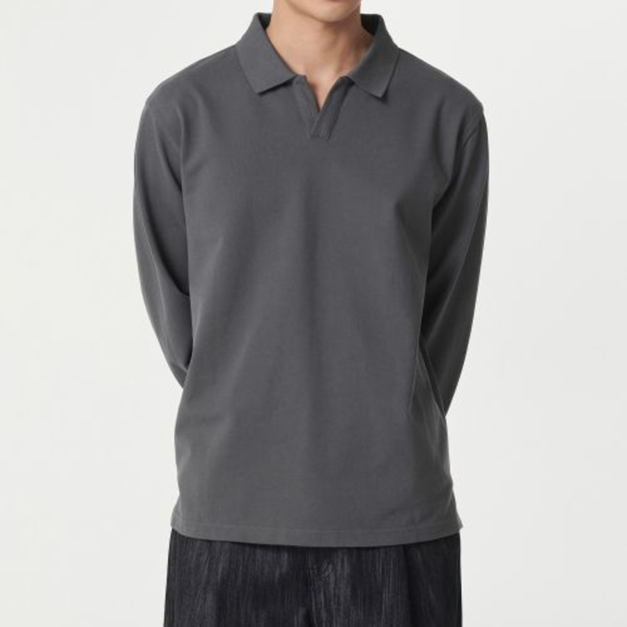 Slit Neck Long Sleeve Piqué Polo Shirt [Gunmetal]