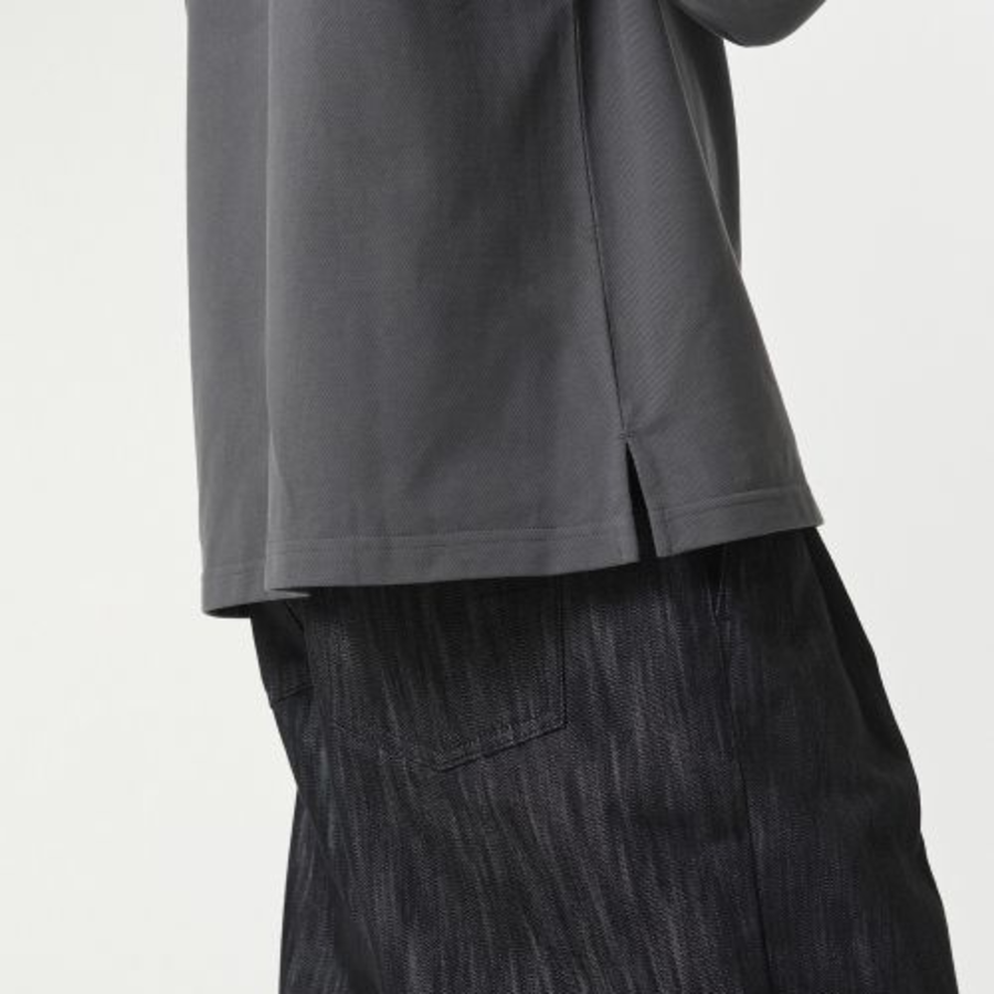 Slit Neck Long Sleeve Piqué Polo Shirt [Gunmetal]