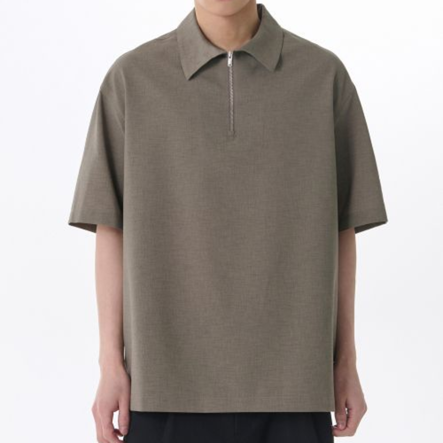 Crease Relaxed Half-Zip Short Sleeve Shirt [Khaki Grey]