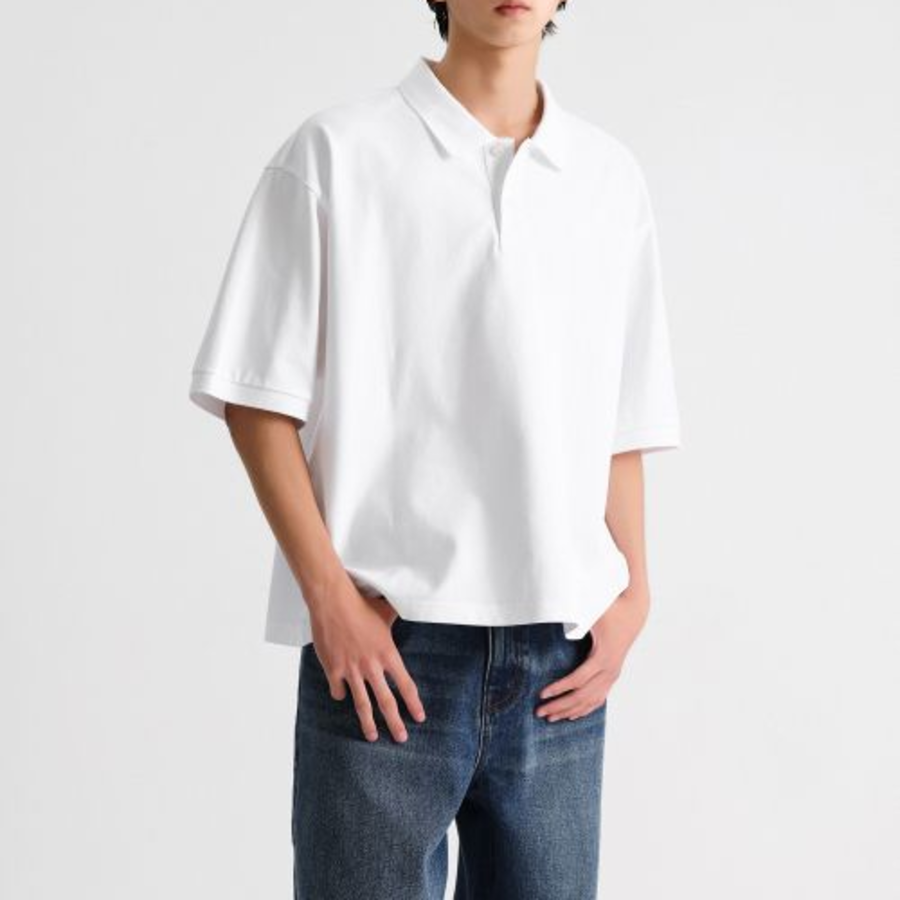 Oversized Cropped Piqué Polo Shirt [White]