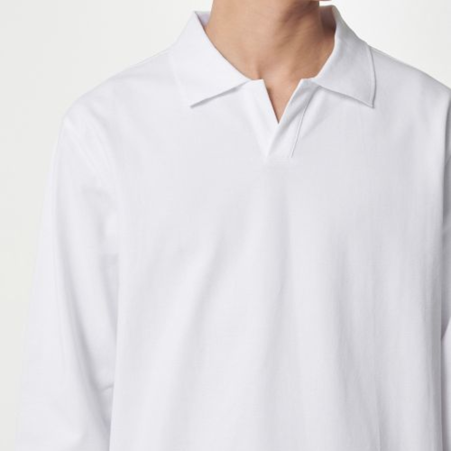 Slit Neck Long Sleeve Piqué Polo Shirt [White]