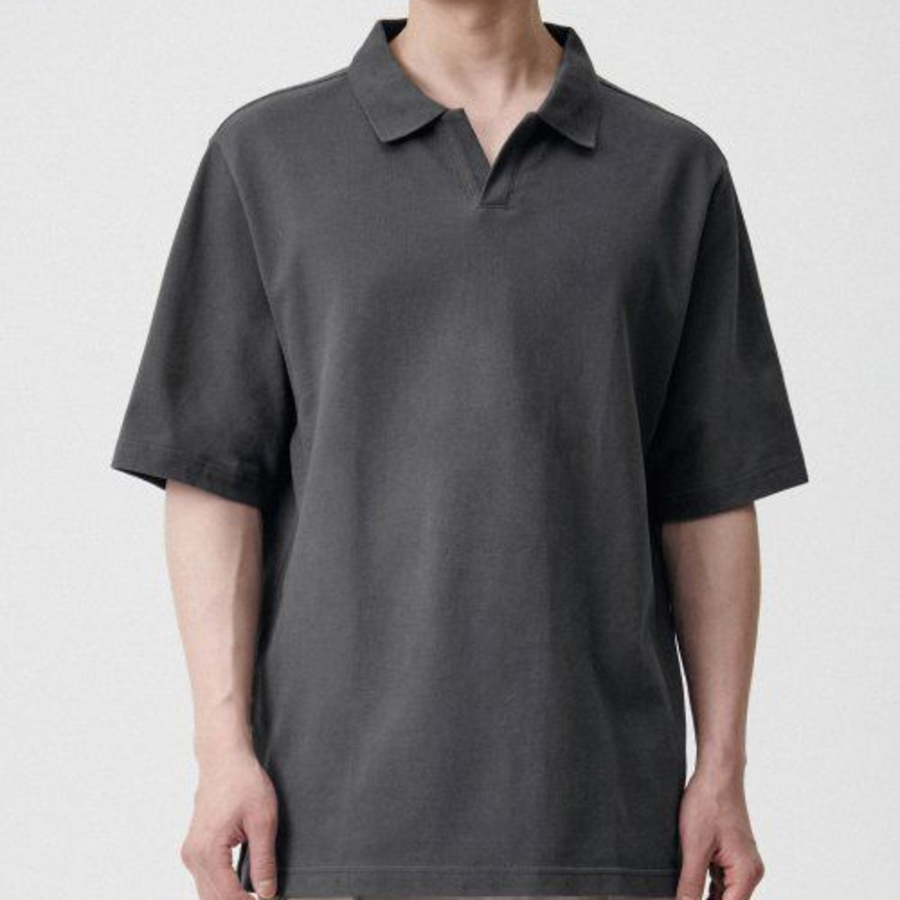 Slit Neck Piqué Polo Shirt [Gunmetal]