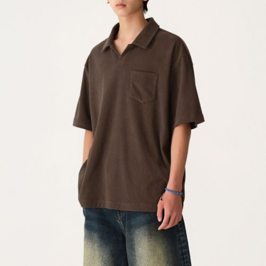 Terry Cloth Slit Neck Polo Shirt [Brown]