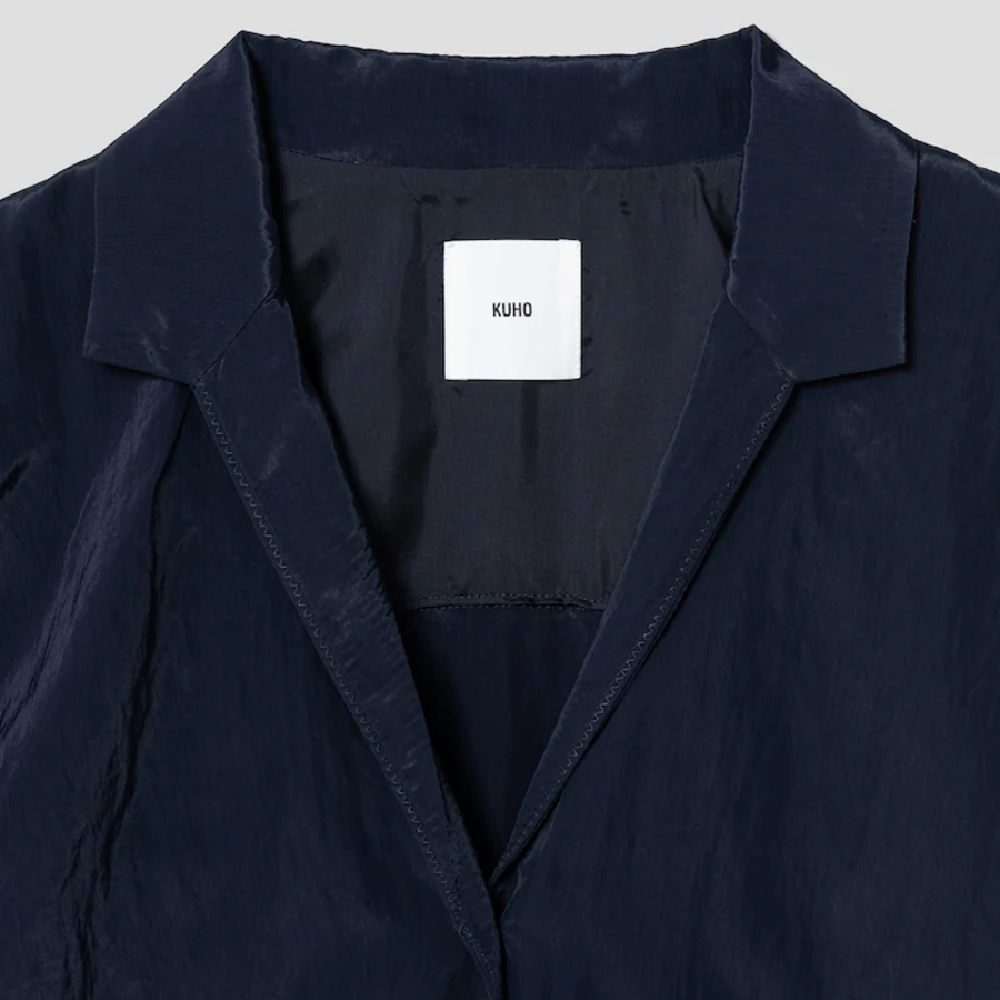 KUHO Collar Neck Short Sleeve Blouse - Navy