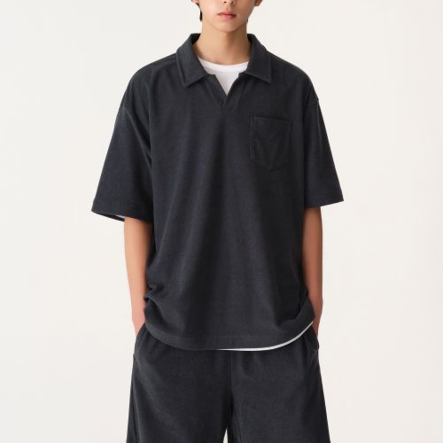 Terry Cloth Slit Neck Polo Shirt [Navy]