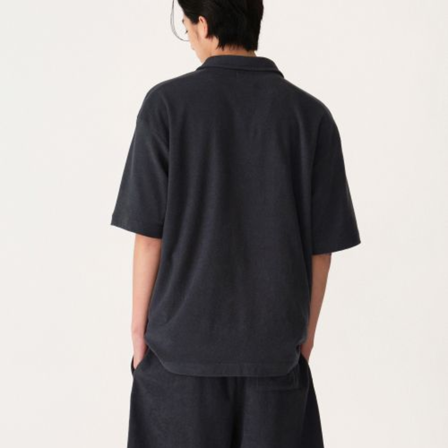 Terry Cloth Slit Neck Polo Shirt [Navy]