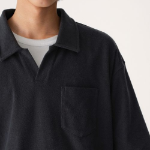 Terry Cloth Slit Neck Polo Shirt [Navy]