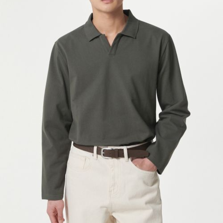Slit Neck Long Sleeve Piqué Polo Shirt [Khaki]