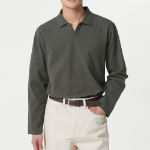 Slit Neck Long Sleeve Piqué Polo Shirt [Khaki]