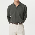 Slit Neck Long Sleeve Piqué Polo Shirt [Khaki]