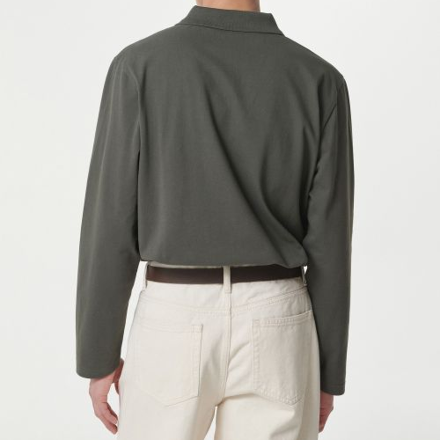 Slit Neck Long Sleeve Piqué Polo Shirt [Khaki]