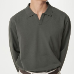 Slit Neck Long Sleeve Piqué Polo Shirt [Khaki]