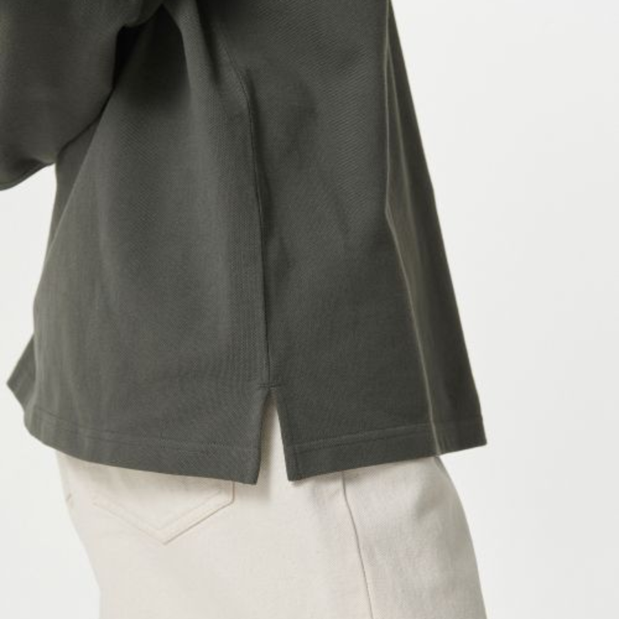 Slit Neck Long Sleeve Piqué Polo Shirt [Khaki]