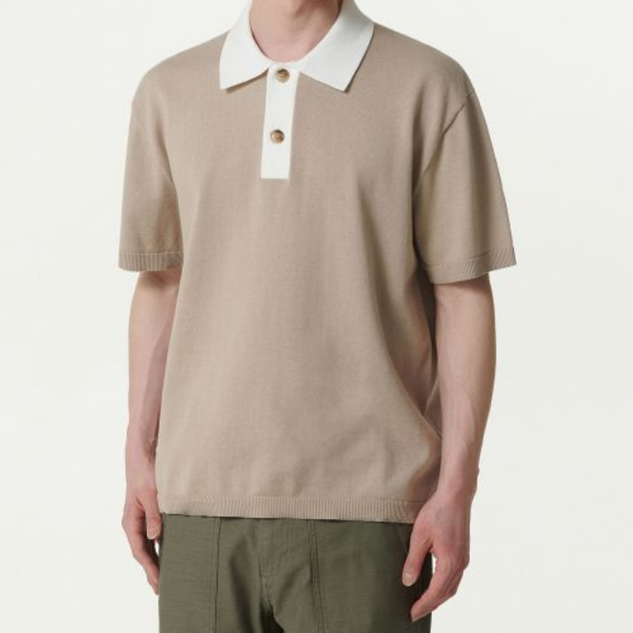 Contrast Collar Knitted Polo Shirt [Beige]