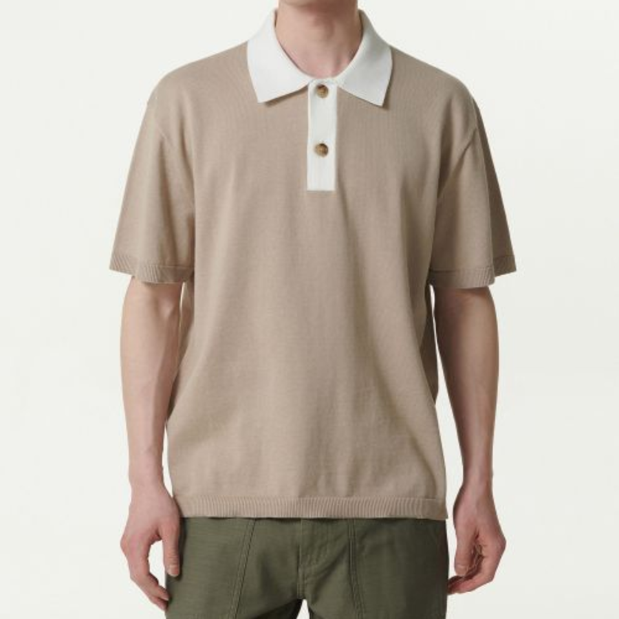 Contrast Collar Knitted Polo Shirt [Beige]