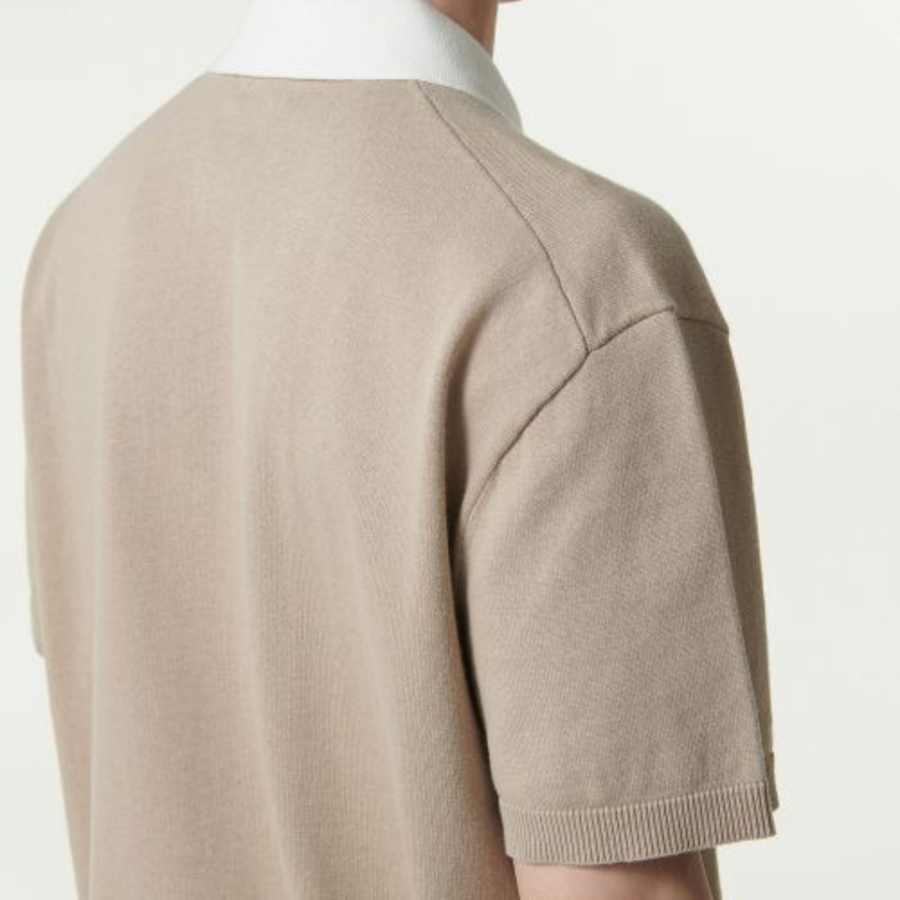 Contrast Collar Knitted Polo Shirt [Beige]