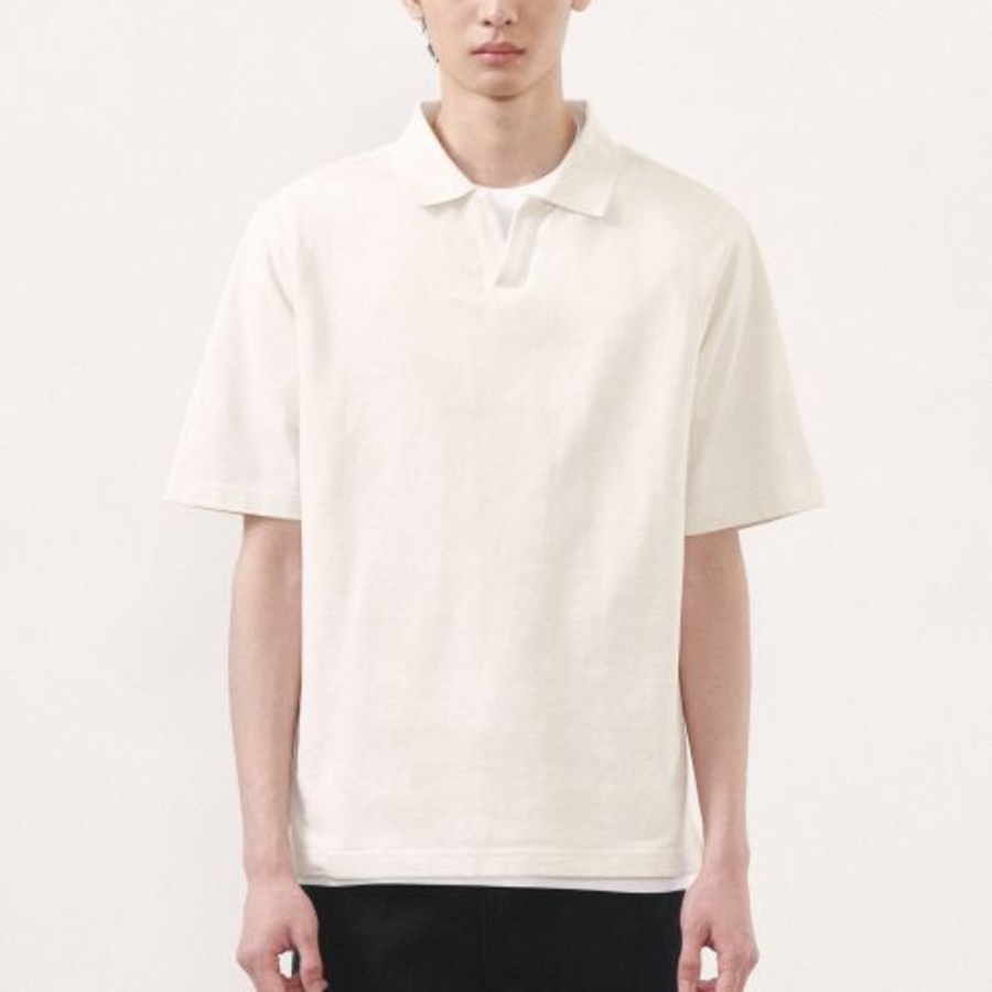 Slit Neck Piqué Polo Shirt [Cream]